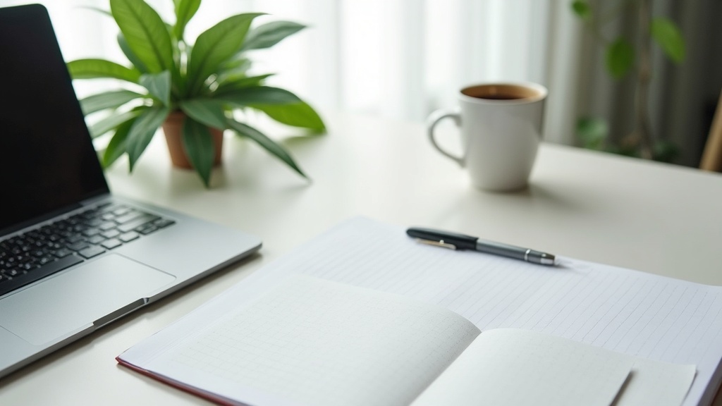 Sustainable online income for writers — workspace with laptop, notebook, and coffee cup by a leafy plant